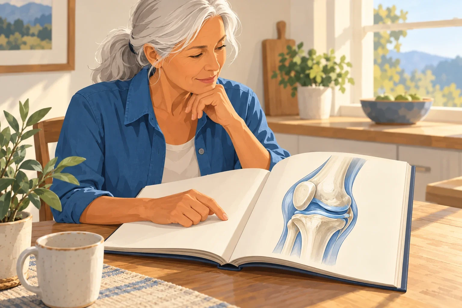 Editorial illustration of an older woman studying a knee anatomy drawing in an open book.